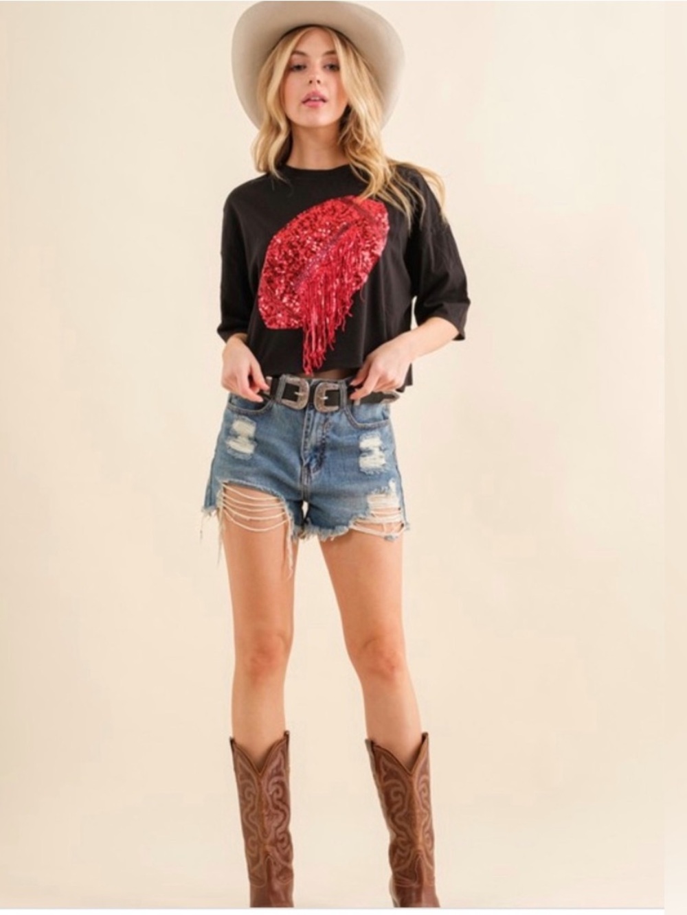 $60 NWOT Blue B. Black & Red Sequin Fringe Football Cropped T-Shirt L - Picture 6 of 7